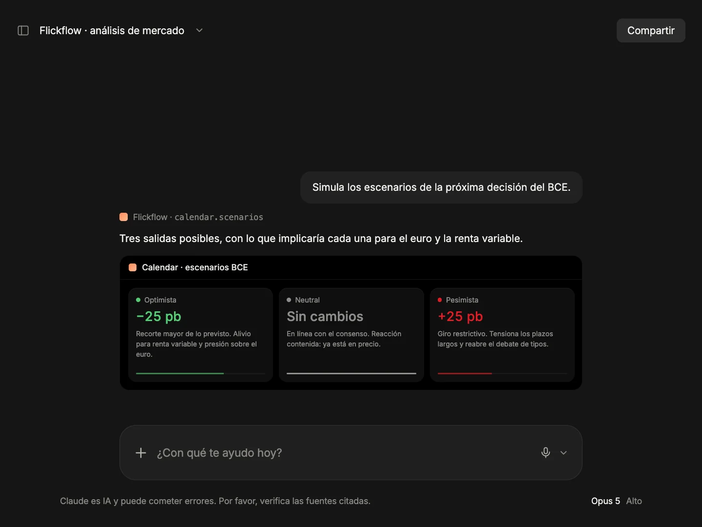 Los tres escenarios de una decisión del BCE —optimista, neutral y pesimista— con lo que implica cada uno.